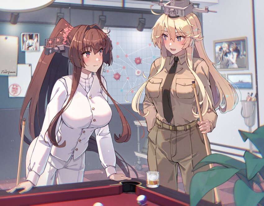 2girls alternate_costume ball billiard_ball black_necktie blonde_hair blue_eyes breasts brown_hair brown_jacket brown_pants cherry_blossoms cue_stick flower hair_between_eyes hair_flower hair_intakes hair_ornament headgear highres himeyamato holding_cue_stick indoors iowa_(kancolle) jacket kantai_collection large_breasts long_hair long_sleeves looking_at_another military_uniform multiple_girls naval_dress_uniform naval_uniform necktie pants pool_table red_eyes shirt sidelocks smile star-shaped_pupils star_(symbol) symbol-shaped_pupils table very_long_hair white_jacket white_pants white_shirt yamato_(kancolle)