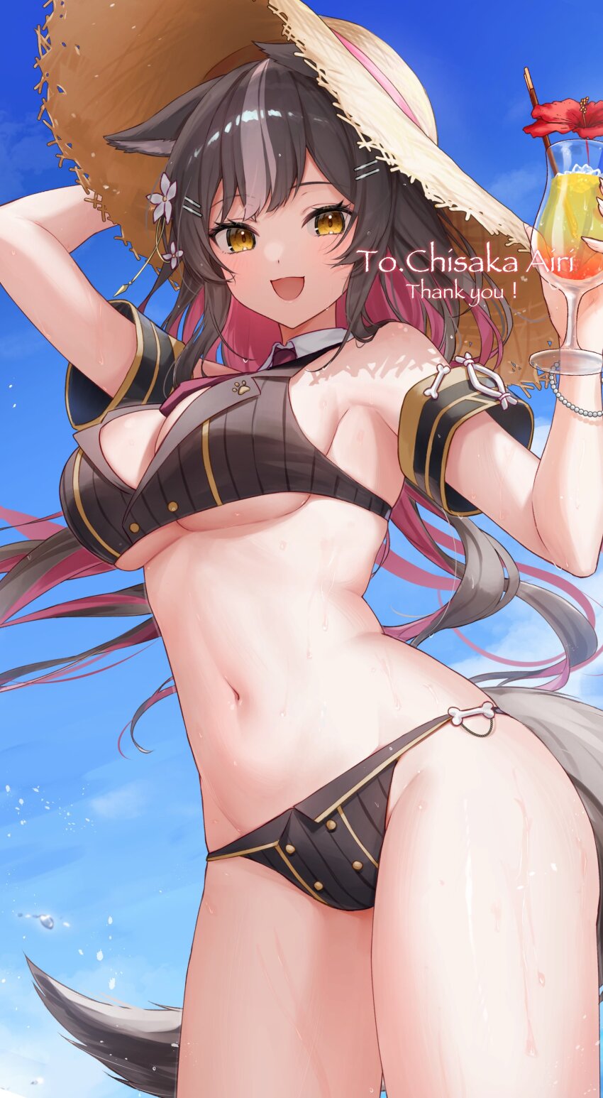 1girl absurdres animal_ears arm_up bikini black_bikini breasts brown_hair chisaka_airi cup flower flower-shaped_hair fox_ears glass guribato hair_ornament hairclip hat highres holding holding_cup long_hair medium_breasts midriff multicolored_hair navel open_mouth phase_connect pink_hair smile solo stomach swimsuit virtual_youtuber yellow_eyes