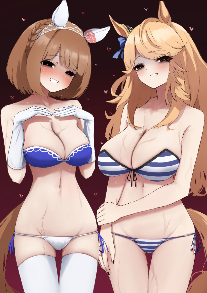 2girls alternate_costume blonde_hair braid breasts brown_hair cleavage collarbone commentary_request gloves gold_city_(umamusume) grin groin hairband hatinanasan8787 heart heart-shaped_pupils highres horse_girl large_breasts long_hair looking_at_viewer medium_breasts medium_hair multiple_girls navel simple_background smile sweat swimsuit symbol-shaped_pupils umamusume yandere yukino_bijin_(umamusume)