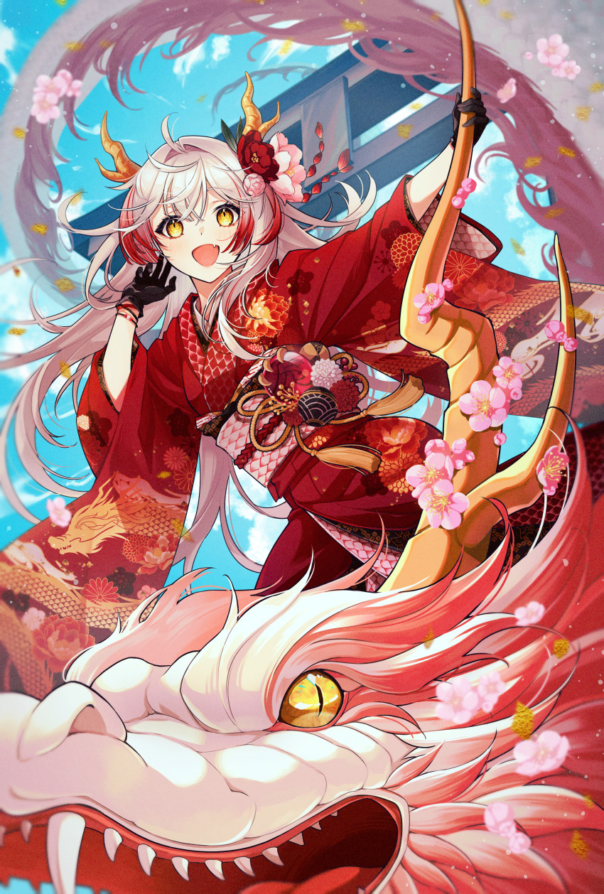 1girl absurdres black_gloves blue_sky colored_tips commentary_request cowboy_shot dragon dragon_girl dragon_horns riding_dragon eastern_dragon fangs flower gloves hair_flower hair_ornament highres horns ichino_tomizuki japanese_clothes kimono long_hair long_sleeves looking_at_viewer multicolored_hair open_mouth original pink_flower pink_hair red_flower red_hair red_kimono sky slit_pupils smile torii wide_sleeves yellow_eyes
