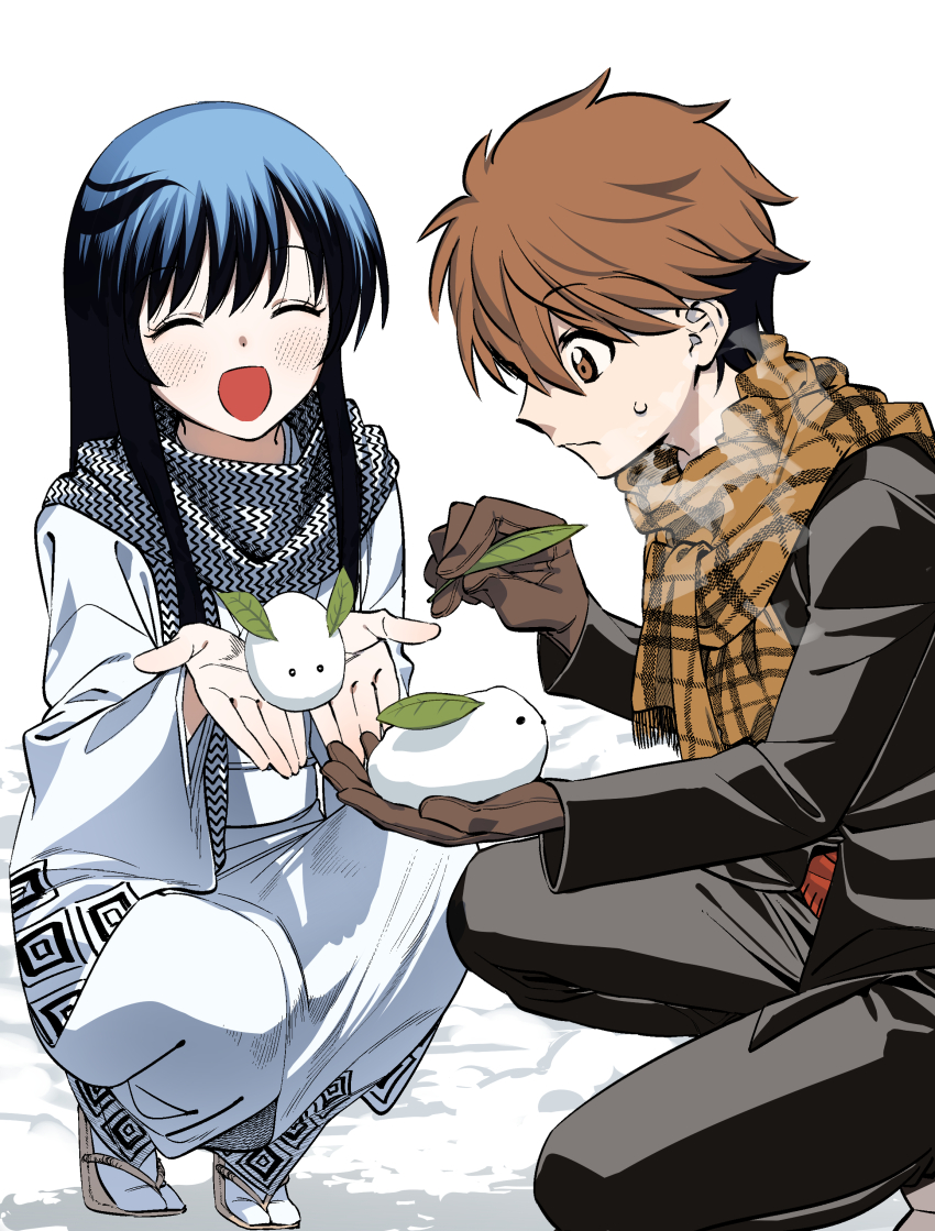 1boy 1girl absurdres black_hair black_jacket black_pants blush brown_eyes brown_gloves brown_hair brown_scarf closed_eyes closed_mouth commentary_request gloves highres jacket japanese_clothes kimono leaf long_hair long_sleeves nura_rikuo nurarihyon_no_mago oikawa_tsurara open_mouth pants plaid_clothes plaid_scarf profile rasupekuto scarf school_uniform short_hair smile snow snow_rabbit sweatdrop white_kimono white_scarf yuki_onna_(nurarihyon_no_mago)
