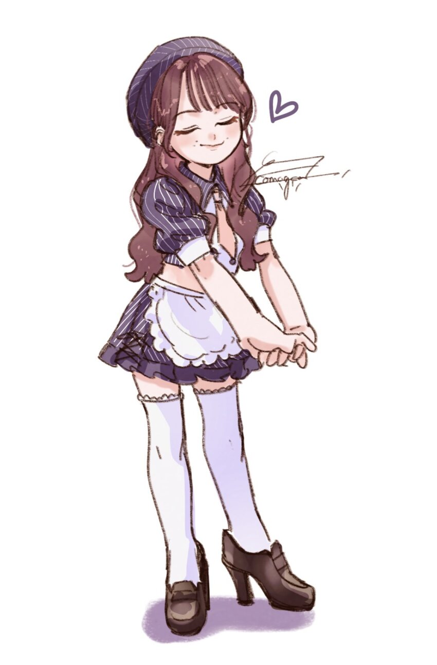 1girl actor apron artist_name beret blue_hat blue_shirt blue_skirt blush brown_hair brown_shoes closed_eyes closed_mouth commentary_request crop_top cross-laced_clothes cross-laced_skirt diagonal-striped_clothes diagonal-striped_skirt frilled_skirt frills full_body hat heart high_heels highres interlocked_fingers komuzuka long_hair midriff miniskirt mole mole_above_mouth nakamura_yukari_(voice_actor) necktie outstretched_arms own_hands_together pink_necktie puffy_short_sleeves puffy_sleeves real_life shirt shoes short_necktie short_sleeves signature simple_background skirt smirk solo standing striped_clothes striped_headwear striped_shirt striped_skirt thighhighs two-tone_shirt vertical-striped_clothes vertical-striped_shirt waist_apron wavy_hair white_apron white_background white_shirt white_thighhighs zettai_ryouiki