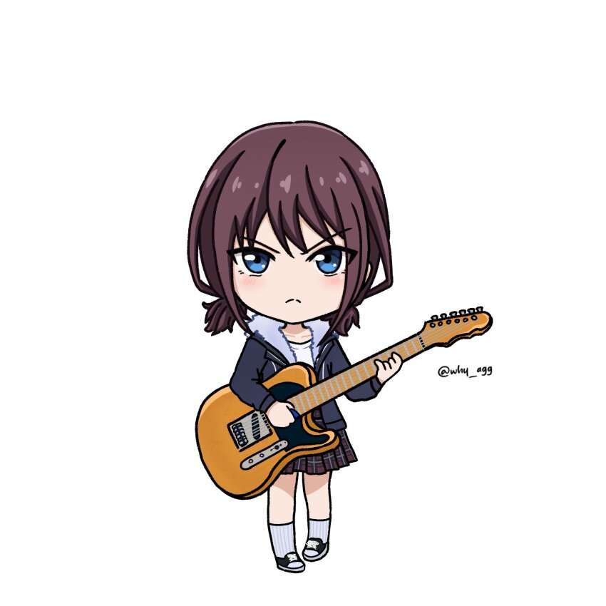 1girl a_whydc blue_eyes blue_jacket blush brown_hair chibi chibi_only closed_mouth commentary electric_guitar english_commentary full_body girls_band_cry guitar highres holding holding_guitar holding_instrument holding_plectrum hood hood_down hooded_jacket instrument iseri_nina jacket long_sleeves low_twintails open_clothes open_jacket plaid_clothes plaid_skirt pleated_skirt plectrum red_skirt short_hair short_twintails simple_background skirt socks solo twintails twitter_username white_background white_socks