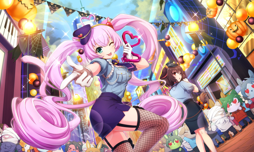 2girls ;p ahoge aiguillette animal_ear_fluff animal_ears aqua_eyes artist_request banner blue_hat blue_jacket blue_necktie blue_skirt blue_sky cat_ears cat_girl cat_tail city cuffs curly_hair finger_gun fishnet_thighhighs fishnets foreshortening frilled_necktie from_below garter_straps gloves hair_ornament hairband handcuffs hat heart heart_ahoge heart_hair_ornament holding holding_handcuffs holmy_(show_by_rock!!) jacket lamppost lens_flare long_hair looking_at_viewer looking_back multiple_girls necktie official_art one_eye_closed outdoors outstretched_arm pencil_skirt people pink_hair pocket police police_hat police_uniform policewoman rosia_(show_by_rock!!) show_by_rock!! skirt sky solo_focus sparkle standing standing_on_one_leg tail thighhighs third-party_source tongue tongue_out twintails white_gloves yellow_hairband