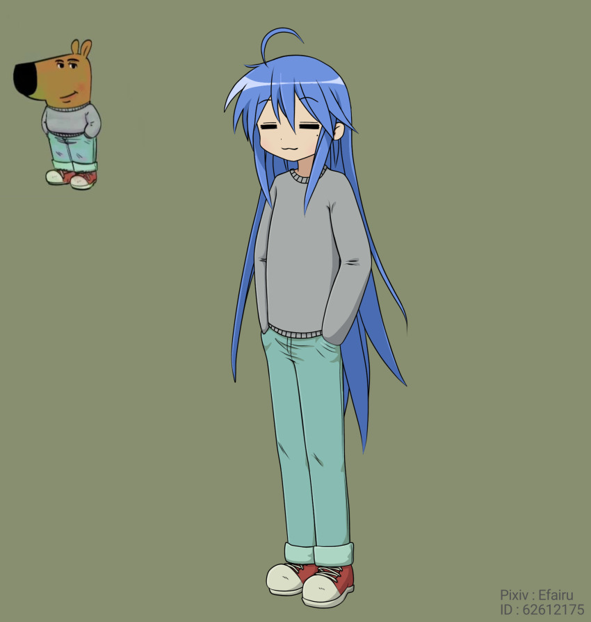 1girl :3 =_= ahoge aqua_pants commentary denim efairu_666 grey_sweater highres izumi_konata jeans just_a_chill_guy_(meme) long_hair lucky_star meme mole mole_under_eye pants pixiv_id pixiv_username red_shoes reference_inset shoes solo sweater very_long_hair