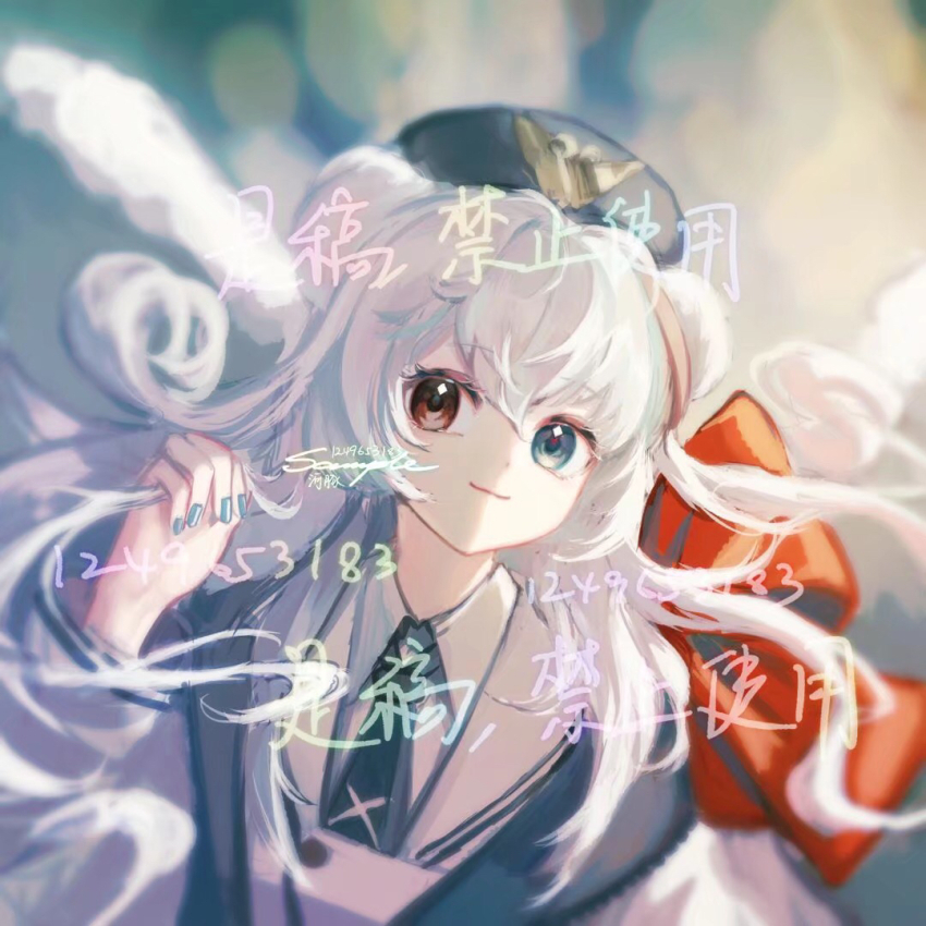1girl animal_ears arknights armband bear_ears black_hat blue_eyes blue_hair breasts buttons closed_mouth finger_to_mouth hand_up hat heterochromia jacket long_hair long_sleeves looking_to_the_side medium_breasts necktie rosa_(arknights) smile solo upper_body wavy_hair white_jacket xianyutu_buxiangzuoxianyu yellow_eyes