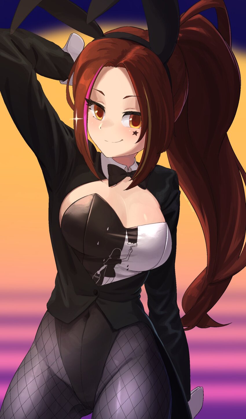 1girl absurdres animal_ear_hairband animal_ears arm_up black_bow black_bowtie black_jacket black_leotard black_pantyhose bow bowtie breasts brown_eyes brown_hair cleavage cleavage_cutout clothing_cutout commentary commission covered_navel cropped_jacket english_commentary fake_animal_ears fishnet_pantyhose fishnets hairband hand_on_own_head high_ponytail highres indie_virtual_youtuber jacket leotard long_hair looking_at_viewer making-of_available miselia_(vtuber) mole mole_under_eye pantyhose ponytail rabbit_ears smile solo strapless strapless_leotard suweeka virtual_youtuber