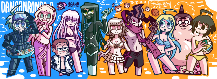 5girls 6+boys ahoge akamatsu_kaede bandaged_hand bandages black_gloves black_hair black_mask black_ribbon blonde_hair braid cham-p danganronpa:_trigger_happy_havoc danganronpa_(series) danganronpa_2:_goodbye_despair danganronpa_v3:_killing_harmony fortissimo galaga gloves hair_ornament hamster highres hoshi_ryoma josh-s26 jum-p k1-b0 kirigiri_kyoko long_hair long_sleeves maga-g mask medium_hair monokuma mouth_mask multiple_boys multiple_girls musical_note musical_note_hair_ornament naegi_komaru nanami_chiaki open_mouth pink_scarf purple_scarf ribbon scarf shinguji_korekiyo short_hair side_braid sonia_nevermind sun-d tanaka_gundham