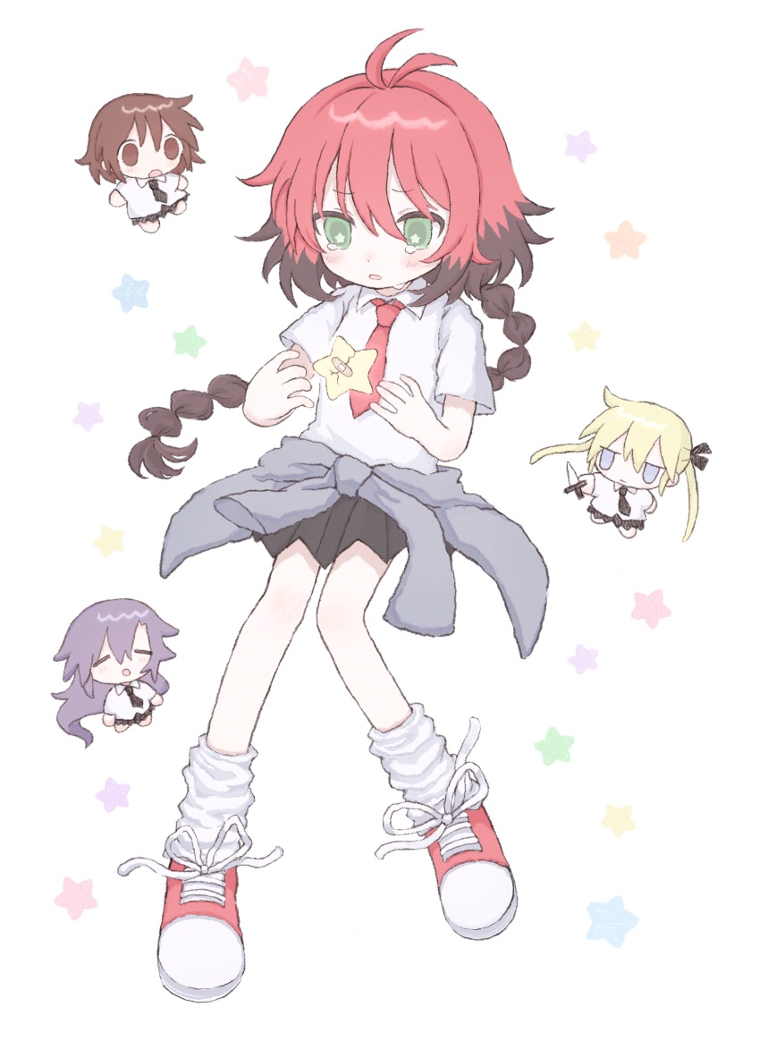 4girls absurdres antenna_hair black_ribbon blonde_hair blue_hair braid brown_eyes brown_hair chibi closed_eyes closed_mouth goshiki_agiri green_eyes highres holding holding_knife kill_me_baby killmint knife long_hair multicolored_hair multiple_girls necktie open_mouth oribe_yasuna parted_lips red_hair red_necktie ribbon shirt shoes short_hair short_sleeves single_braid sneakers socks sonya_(kill_me_baby) twintails unused_character_(kill_me_baby) white_shirt white_socks