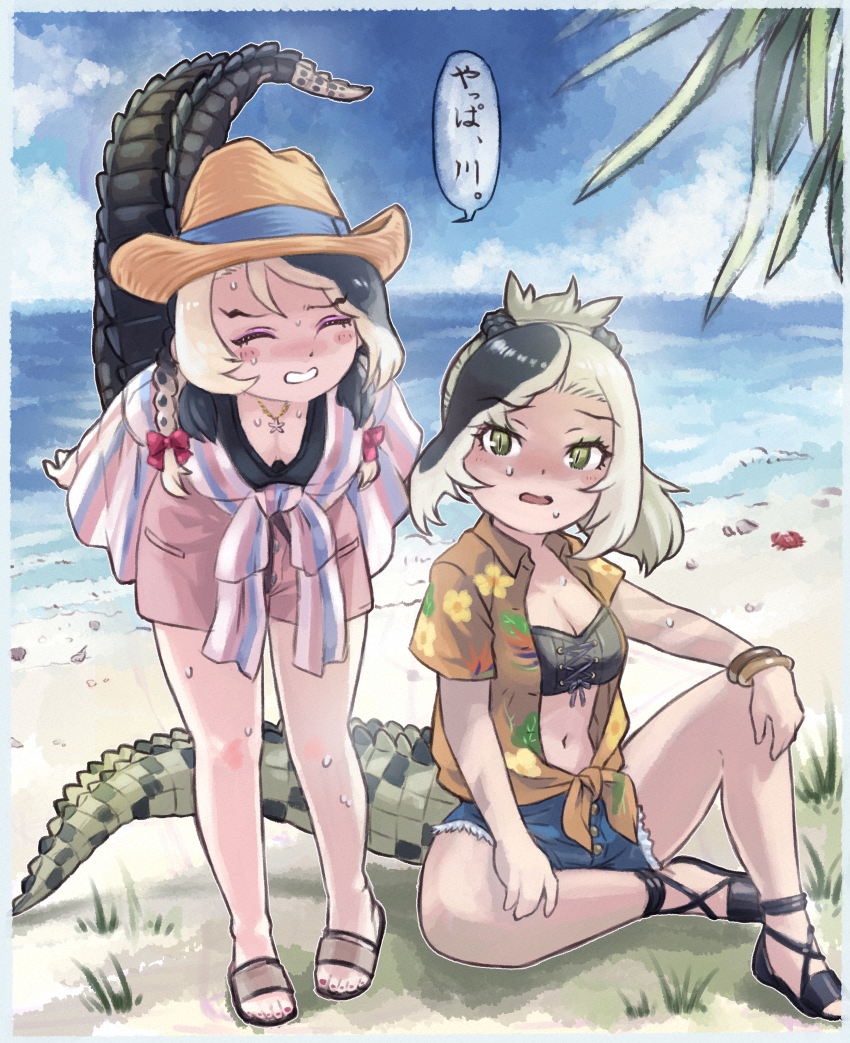 2girls absurdres american_alligator_(kemono_friends) asymmetrical_hair bare_arms bare_legs beach bent_over blonde_hair blue_shorts blue_sky border bra braid breasts buttons cleavage closed_eyes collared_shirt crocodilian_tail cutoffs day denim denim_shorts downblouse full_body green_eyes green_hair hat highres horizon hot jewelry kemono_friends knee_up legs_apart long_hair looking_at_viewer medium_breasts multicolored_hair multiple_girls navel ocean official_alternate_costume open_mouth outdoors pendant pink_shorts red_nails saltwater_crocodile_(kemono_friends) sandals shirt short_shorts short_sleeves shorts sitting sky slit_pupils smile spread_legs standing stomach summer sweat tail tied_shirt toenails toes toriny two-tone_hair underwear water white_border wing_collar wrist_wings