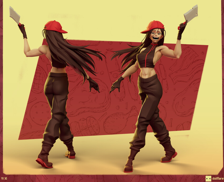 1girl 3d absurdres armpit_crease artist_name black_boots black_gloves black_hair black_pants boots breasts butcher butcher_vanity_(synthesizer_v) character_name cleaver crop_top dotflare gloves hat highres holding holding_cleaver long_hair multiple_views open_mouth pants red_hat sideboob sideless_shirt sideways_hat smile synthesizer_v vimalion_pro yi_xi_(synthesizer_v)