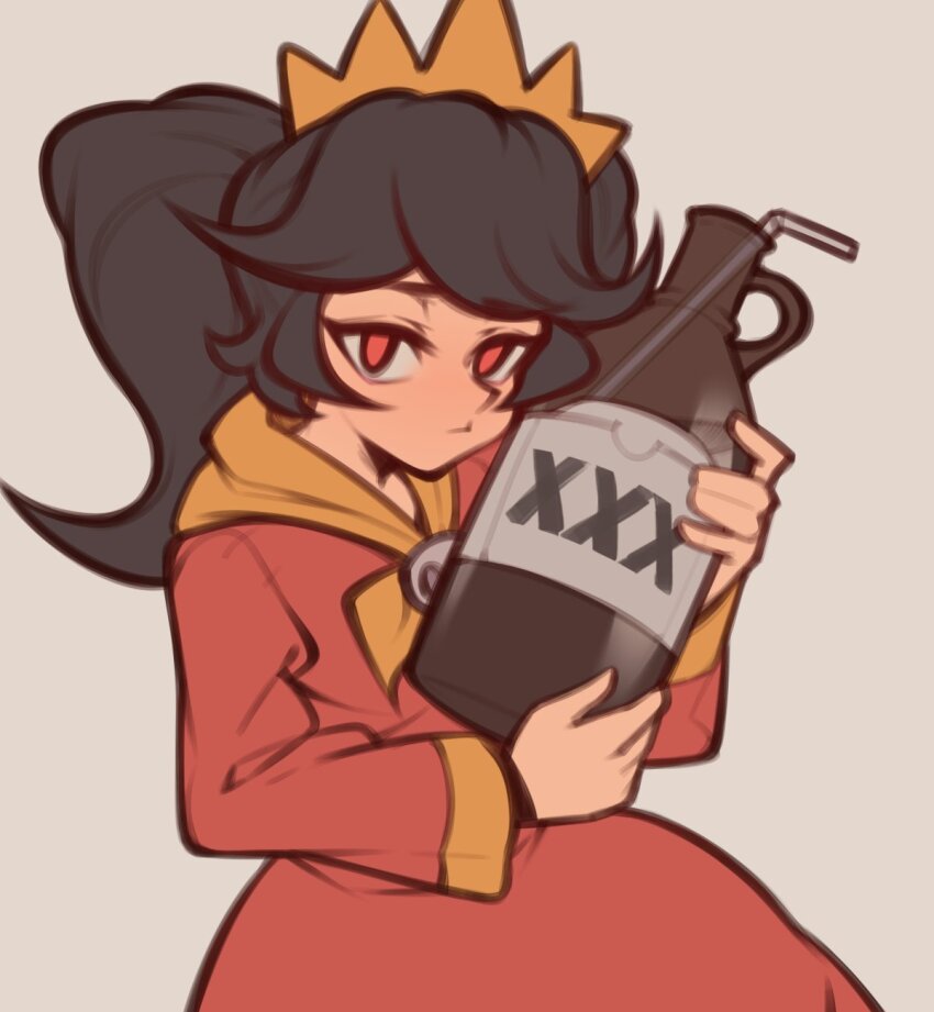 1girl alcohol ashley_(warioware) black_hair bottle brown_background closed_mouth commentary cowboy_shot dress drinking_straw english_commentary fujimna hairband highres holding holding_bottle long_hair long_sleeves looking_at_viewer neckerchief nintendo orange_hairband orange_neckerchief red_dress red_eyes simple_background skull_brooch solo twintails warioware