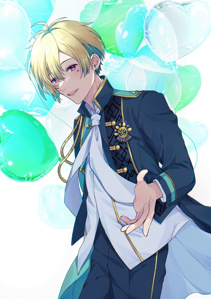 1boy ahoge alternate_costume arm_at_side badge balloon birthday blonde_hair blue_coat blush button_badge coat collared_coat commentary_request earrings facial_mark green_hair hair_between_eyes hanazono_momohito hand_up heart heart_facial_mark high_collar highres idol idol_clothes idolmaster idolmaster_side-m idolmaster_side-m_growing_stars jewelry lips long_bangs looking_at_viewer multicolored_hair necktie nekochan_104 open_clothes open_coat open_mouth shirt short_hair sidelocks simple_background smile standing straight_hair teeth three_quarter_view two-tone_hair undershirt upper_teeth_only white_background white_necktie white_shirt white_undershirt