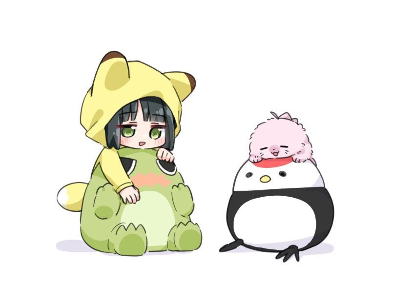 1girl :d ahoge animal_ears animal_with_hair animalization anyoji_hime black_hair blush commentary fox_ears gonzales_(love_live!) green_eyes holiday_holiday_(love_live!) holiday_holiday_(tenko)_(love_live!) link!_like!_love_live! love_live! momose_ginko multi-tied_hair open_mouth seal_(animal) shiro_(white_2530) simple_background smile stuffed_animal stuffed_bird stuffed_dinosaur stuffed_toy tsuru_(love_live!) virtual_youtuber white_background