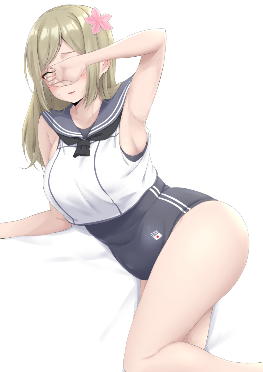 1girl alternate_hairstyle black_neckerchief black_one-piece_swimsuit black_sailor_collar brown_hair cosplay covering_own_eyes crop_top flower hair_flower hair_ornament highres kantai_collection katori_(kancolle) long_hair lying neckerchief on_side one-piece_swimsuit ro-500_(kancolle) ro-500_(kancolle)_(cosplay) sailor_collar school_swimsuit shirt simple_background sleeveless sleeveless_shirt solo swimsuit swimsuit_under_clothes takomeshi white_background