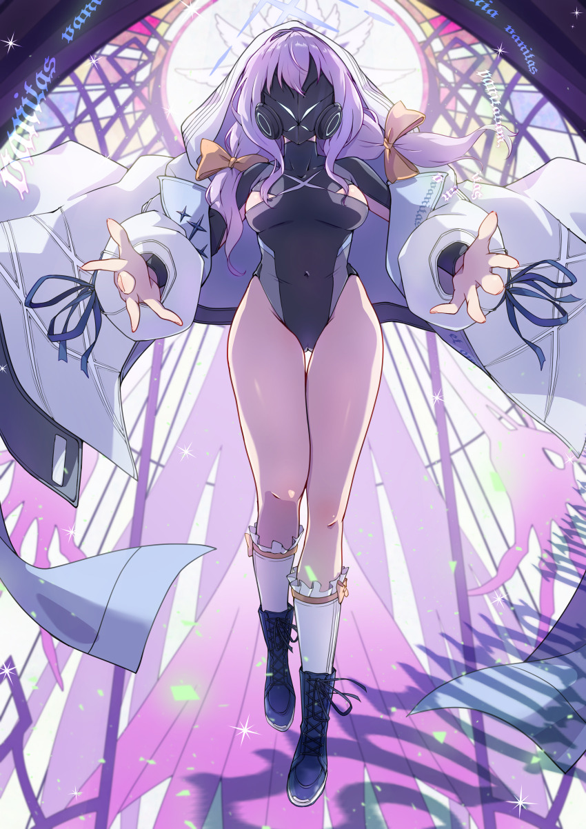 1girl absurdres atsuko_(blue_archive) blue_archive boots braid clothes_writing commission covered_navel floating gas_mask halo highres hood jacket kneehighs latin_text leotard mask mosuke1221 open_clothes open_jacket outstretched_arms pink_hair second-party_source skeb_commission socks sparkle stained_glass thick_thighs thigh_gap thighs twin_braids
