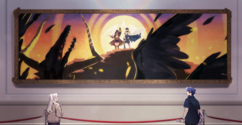 1boy 1girl arm_up art_gallery black_coat black_pants blue_cape blue_hair blue_shirt cape chrom_(fire_emblem) coat commentary contemporary english_commentary female_robin_(fire_emblem) fire_emblem fire_emblem_awakening grima_(fire_emblem) highres hood hood_up hooded_coat indoors long_hair long_sleeves looking_at_another looking_to_the_side museum nintendo open_clothes open_coat pants ponytail reincarnation shirt short_hair short_sleeves single_sleeve sseunbean stanchion standing sweater white_hair white_pants white_shirt white_sweater