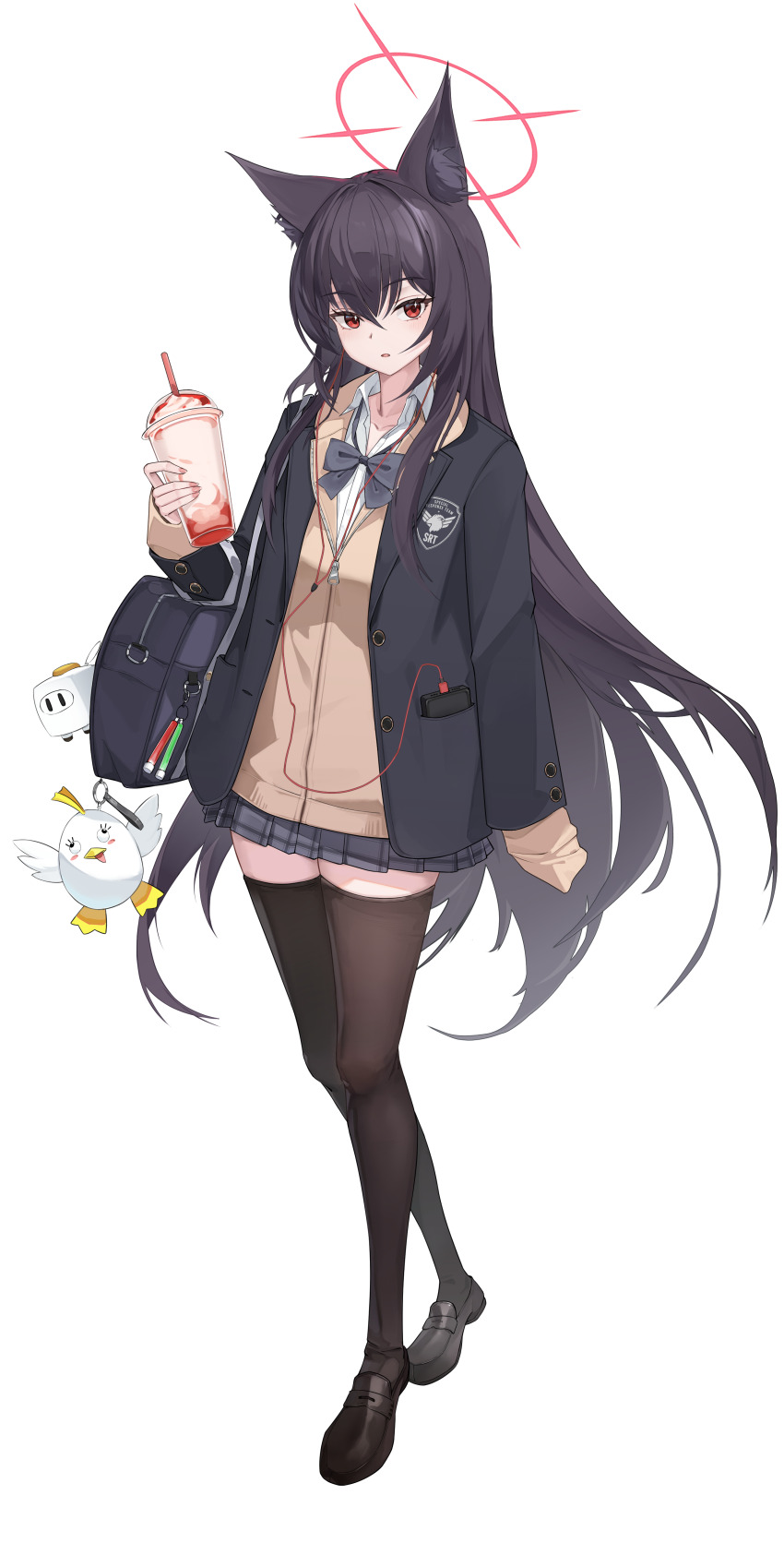 1girl absurdres alternate_costume animal_ear_fluff animal_ears bag black_hair black_jacket black_shoes black_thighhighs blue_archive blue_bag blue_skirt blush bow brown_jacket cellphone drink earphones fox_ears fox_girl grey_bow highres holding holding_bag holding_drink jacket long_hair milkshake nammmmer open_mouth peroro_(blue_archive) phone plaid_clothes plaid_skirt red_eyes school_uniform shirt shoes sidelocks single_sleeve_past_fingers single_sleeve_past_wrist skirt smartphone solo thighhighs very_long_hair white_shirt yukino_(blue_archive)