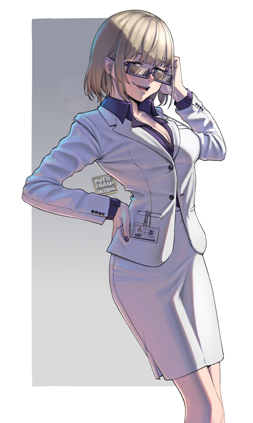 1girl absurdres black_nails blonde_hair blue_eyes breasts cleavage collared_shirt commentary cosplay cowboy_shot english_commentary english_text girls&#039;_frontline glasses grey_background hand_on_own_hip highres id_card jacket looking_at_viewer meme open_mouth original pencil_skirt purple_shirt puto_trash rectangular_eyewear rpk-16_(girls&#039;_frontline) rpk-16_(girls&#039;_frontline)_(cosplay) rpk-16_(renate)_(girls&#039;_frontline) shirt short_hair skirt smile solo teeth textless_version two-tone_background upper_teeth_only white_background white_jacket white_skirt
