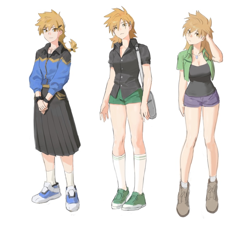 1girl absurdres adapted_costume ankle_socks black_shirt black_skirt blonde_hair blue_footwear blue_jacket blue_oak blue_oak_(sygna_suit) breasts brown_footwear chinese_commentary cleavage closed_mouth cropped_jacket dress_shirt genderswap genderswap_(mtf) green_footwear green_jacket green_shorts grey_bag hair_ornament hairclip hand_up highres jacket jewelry kneehighs long_hair looking_at_viewer medium_skirt multiple_views necklace nintendo orange_eyes pleated_skirt pokemon pokemon_masters_ex pokemon_origins pokemon_sm ponytail purple_shorts scoop_neck shirt shoes short-sleeved_jacket short_shorts short_sleeves shorts skirt smile socks spiked_hair striped_clothes striped_socks uri_ryou white_background white_socks wristband