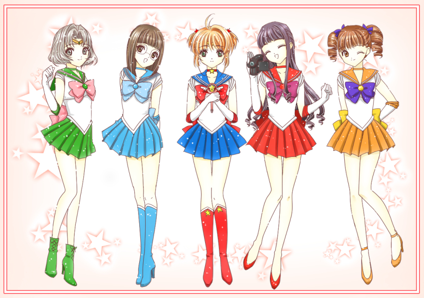 5girls ankle_boots arms_behind_back bad_id bad_pixiv_id bishoujo_senshi_sailor_moon blonde_hair blue_footwear blue_sailor_collar boots brown_eyes brown_hair camcorder cardcaptor_sakura choker circlet closed_eyes company_connection cosplay cross-laced_footwear daidouji_tomoyo drill_hair elbow_gloves framed glasses gloves green_boots green_eyes grey_eyes grey_hair hair_bobbles hair_ornament hair_ribbon high_heel_boots high_heels hoshi_no_tsue inner_senshi kinomoto_sakura knee_boots kodansha long_hair mihara_chiharu miniskirt multiple_girls one_eye_closed open_mouth pleated_skirt purple_hair red_footwear ribbon sailor_collar sailor_jupiter sailor_jupiter_(cosplay) sailor_mars sailor_mars_(cosplay) sailor_mercury sailor_mercury_(cosplay) sailor_moon sailor_moon_(cosplay) sailor_senshi sailor_senshi_(cosplay) sailor_venus sailor_venus_(cosplay) sasaki_rika satoyama short_hair short_twintails skirt smile star_(symbol) star_symbol_background tiara twin_drills twintails video_camera wand white_gloves wink yanagisawa_naoko
