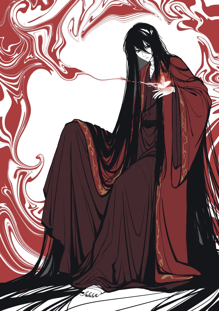 1boy absurdly_long_hair absurdres bandaged_foot bandaged_neck bandages barefoot black_hair black_hanfu black_nails bug butterfly butterfly_on_hand chinese_clothes chinese_commentary coat dao_gui_yi_xian full_body guo_ling hair_between_eyes hair_down hanfu highres insect ji_zai li_huowang limited_palette long_hair long_sleeves looking_at_viewer male_focus nail_polish official_alternate_hair_length official_alternate_hairstyle partially_colored red_coat red_eyes red_theme robe sitting smile smoke solo swirl very_long_hair white_butterfly wide_sleeves