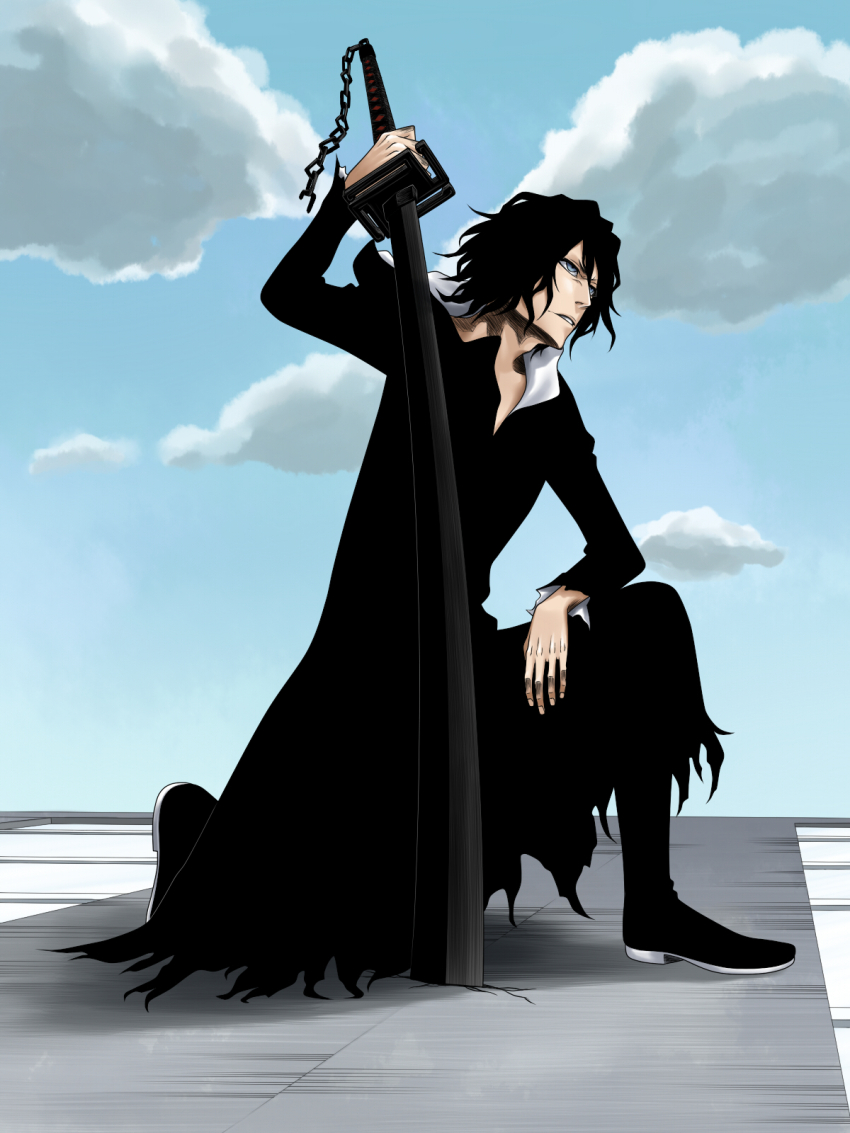1boy arm_up bankai black_coat black_footwear black_hair bleach bleachist blue_eyes blue_sky chain cloud coat commentary day from_side full_body hair_between_eyes highres holding holding_sword holding_weapon katana kubo_tite_(style) long_sleeves looking_ahead male_focus medium_hair nose official_style on_one_knee outdoors parted_lips planted planted_sword planted_weapon sky solo sword tensa_zangetsu_(bankai) weapon zangetsu_(bleach)