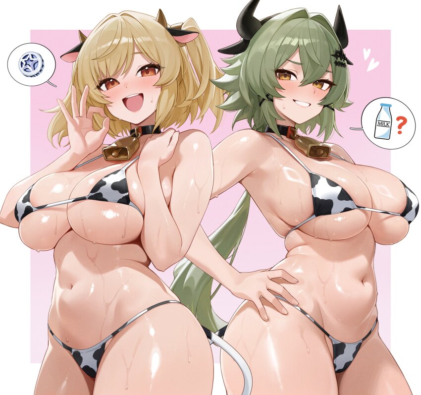 2girls ? absurdres animal_ear_hairband animal_ears animal_print areola_slip bare_arms bare_shoulders bell bikini black_horns blonde_hair blush border bottle breasts brown_eyes burnice_white caesar_king_(zenless_zone_zero) commentary_request cow_ear_hairband cow_ears cow_horns cow_print cow_print_bikini fake_animal_ears green_hair hair_between_eyes hairband hand_on_own_hip hand_on_own_shoulder heart highres horns large_breasts long_hair looking_at_viewer micro_bikini milk_bottle money money_gesture multiple_girls navel neck_bell open_mouth orange_eyes pink_background print_bikini short_twintails spoken_question_mark standing stomach sweat swimsuit tongue twintails weimiaw wet white_border zenless_zone_zero