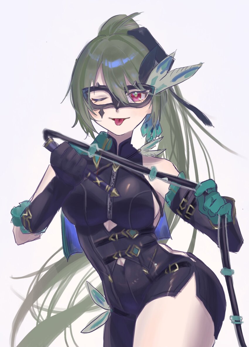 1girl ;p black_dress black_mask breasts clothing_cutout commentary cowboy_shot domino_mask dress duoyun_de_tiankong elbow_gloves feathers gloves grey_hair hair_between_eyes high_ponytail highres holding holding_whip honkai_(series) honkai_impact_3rd long_hair looking_at_viewer mask official_alternate_costume one_eye_closed ponytail red_eyes side_slit sidelocks solo tongue tongue_out vita_(honkai_impact)