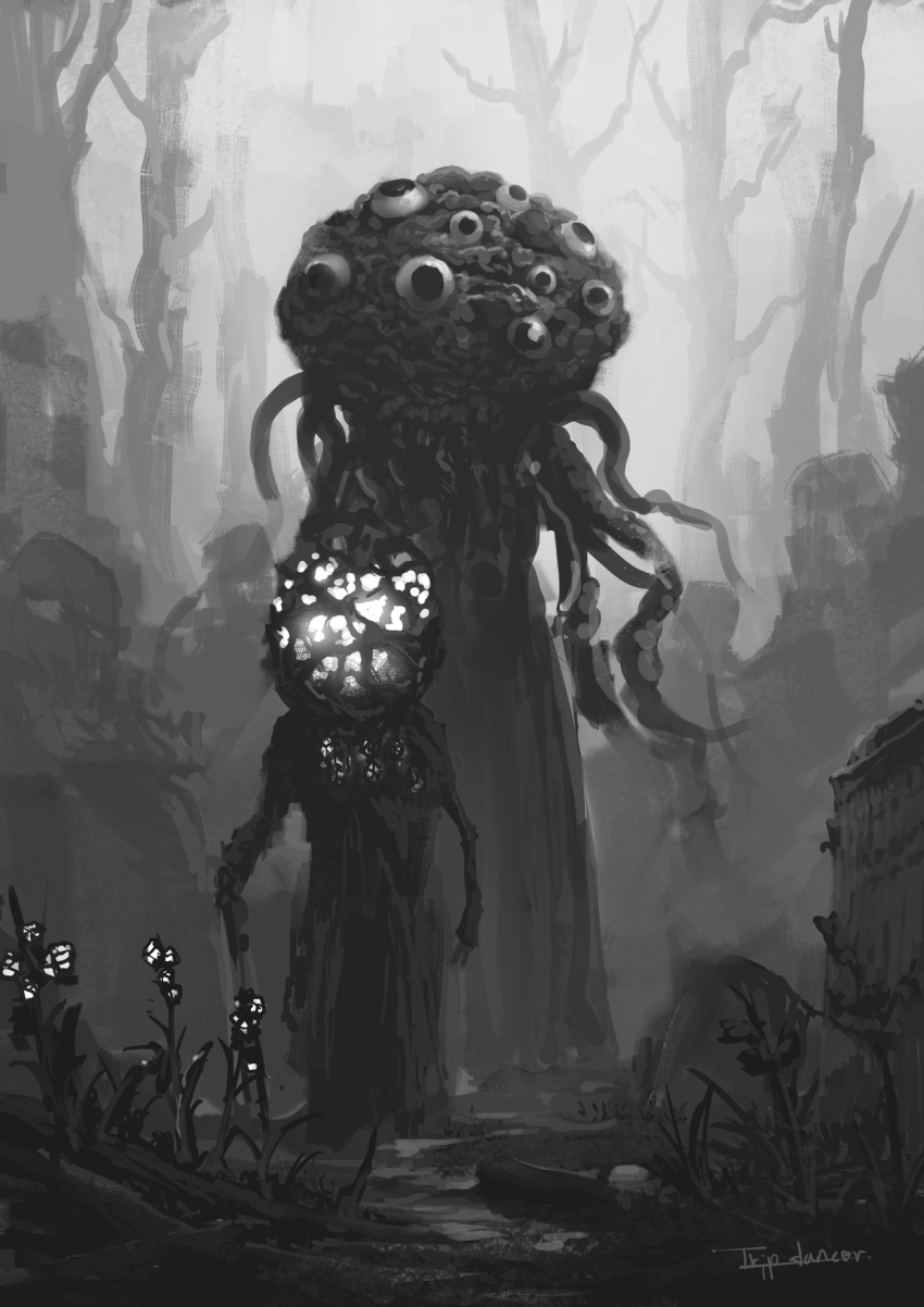 2others bloodborne brain extra_eyes flower forest greyscale highres looking_at_viewer monochrome monster multiple_others nature short_sleeves tentacles tripdancer winter_lantern