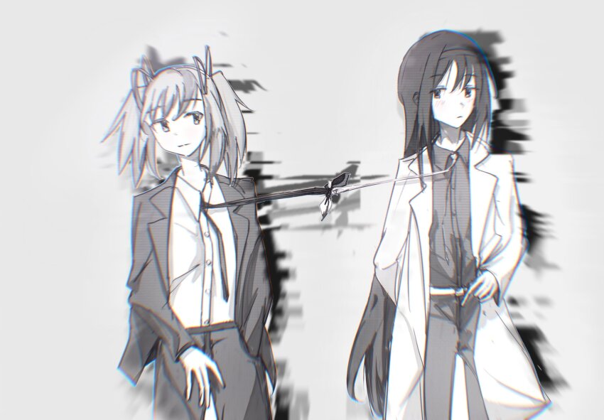 2girls akemi_homura black_hair black_pants black_shirt black_suit bound_together closed_mouth formal_clothes glitch grey_background greyscale hair_ribbon hairband highres kaname_madoka kedrealin lab_coat long_hair long_sleeves looking_at_another looking_to_the_side mahou_shoujo_madoka_magica monochrome multiple_girls pants ribbon shirt suit twintails white_shirt