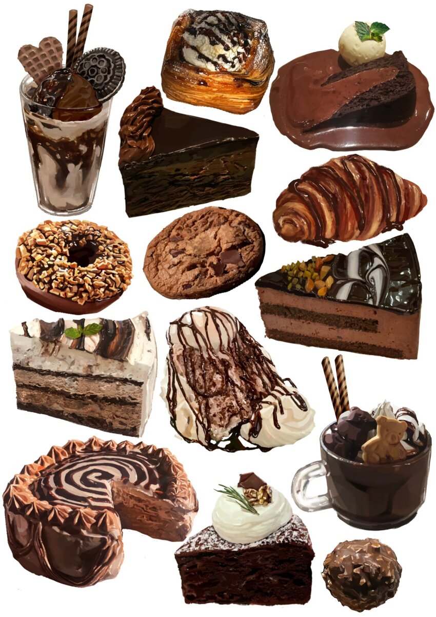 cake cake_slice chocolate_cake chocolate_chip_cookie chocolate_donut chocolate_syrup commentary cookie donut english_commentary ferrero_rocher fine_9725 food food_focus highres original simple_background wafer_stick white_background