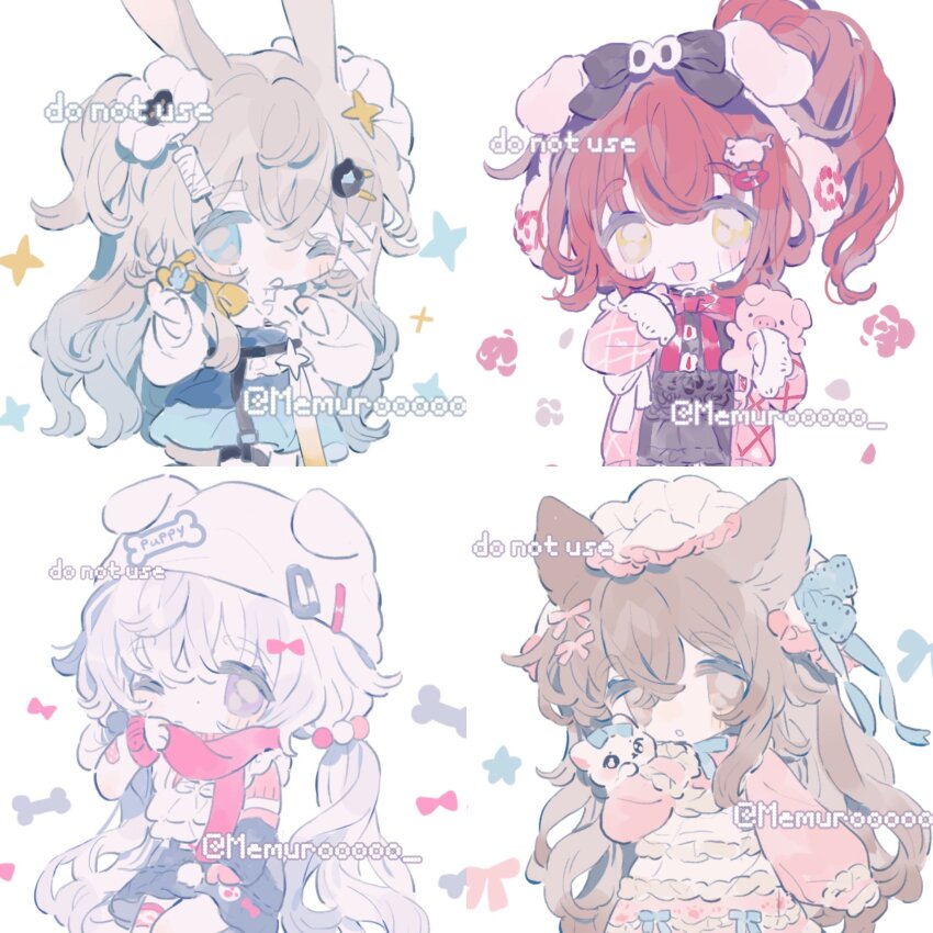 4girls animal_ears blue_eyes bow braid brown_hair dress frills grey_eyes hair_between_eyes hair_bow hair_ornament hat highres holding long_hair long_sleeves memuro multiple_girls one_eye_closed original puffy_sleeves red_hair sample_watermark scarf stuffed_toy watermark white_background white_hair yellow_eyes