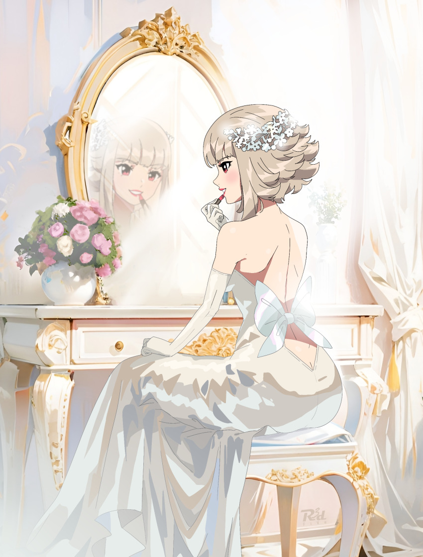 1girl absurdres alternate_costume applying_makeup applying_own_makeup ass backless_dress backless_outfit cosmetics dress elbow_gloves fire_emblem fire_emblem_heroes flower gloves grey_hair highres holding holding_lipstick_tube lipstick lipstick_tube looking_at_mirror makeup mirror nintendo official_alternate_hairstyle r3dfive red_dress smile solo veronica_(fire_emblem) veronica_(princess_rising)_(fire_emblem) wedding_dress white_dress white_gloves