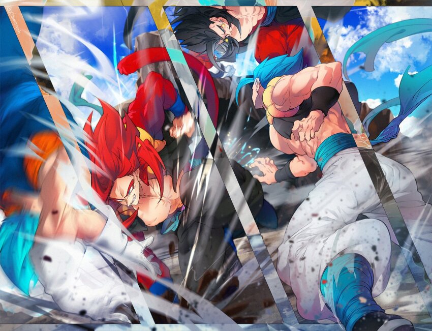black_hair blue_eyes blue_sash closed_mouth dougi dragon_ball dragon_ball_heroes dragon_ball_super dual_persona earrings fighting gloves gogeta gogeta_(xeno) jewelry long_hair male_focus metamoran_vest monkey_boy monkey_tail multiple_boys muscular muscular_male ommmyoh open_mouth pants potara_earrings red_fur saiyan sash smile spiked_hair super_saiyan super_saiyan_4 super_saiyan_blue tail time_patrol_(dragon_ball) twitter_username vegetto vegetto_(xeno)