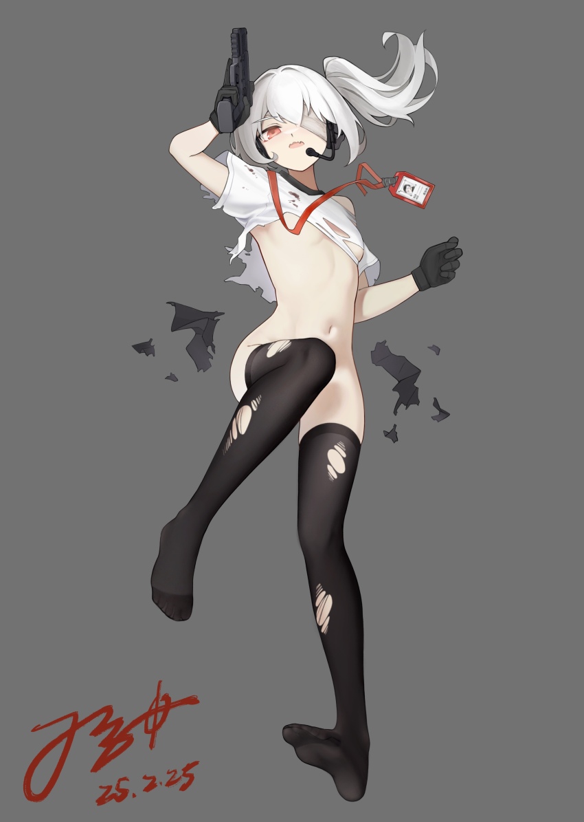 1girl absurdres bandage_over_one_eye bandages black_gloves black_thighhighs blood blood_on_clothes breasts chinese_commentary commentary_request convenient_leg dated ear_protection fangs feet floating_lanyard fn_five-seven full_body gloves grey_background grey_hair gun hand_up handgun headset highres holding holding_gun holding_weapon id_card jerry_wang lanyard medium_hair navel no_pants no_shoes one_side_up open_mouth optical_sight original pink_eyes red_trim shirt short_sleeves signature simple_background skin_fangs skindentation skirt small_breasts soles thighhighs thighs toes torn_clothes torn_shirt torn_skirt torn_thighhighs trigger_discipline underboob weapon white_hair white_shirt zettai_ryouiki