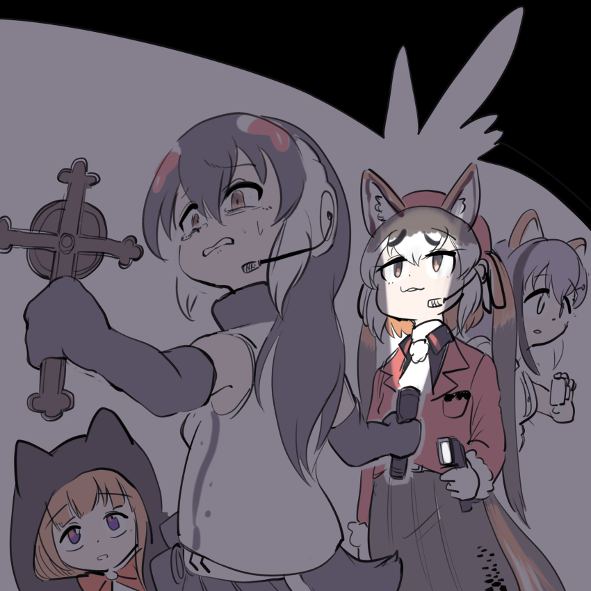 african_penguin_(kemono_friends) animal_ears flashlight highres island_fox_(kemono_friends) kakyouin_chieri kemono_friends kemono_friends_v_project kirara_mimi long_hair mcgunngu necktie shirt shoes silver_hair simple_background skirt tail twintails virtual_youtuber