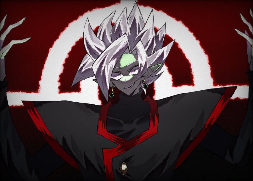 1boy black_bodysuit bodysuit colored_skin crazy_eyes crazy_smile dragon_ball dragon_ball_super earrings fused_zamasu green_skin grey_eyes halo highres jewelry long_sleeves looking_at_viewer pointy_ears potara_earrings sharp_teeth smile solo spiked_hair teeth v621 white_hair