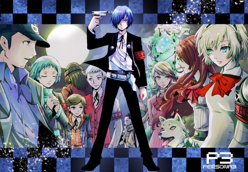 4girls 6+boys aigis_(persona) amada_ken android animal aqua_hair aragaki_shinjirou armband atlus blonde_hair blue_eyes blue_hair bow brown_eyes brown_hair choker closed_eyes digital_media_player dog everyone evoker full_moon green_eyes grey_hair gun gun_to_head hair_over_one_eye hat headphones holding holding_gun holding_weapon iori_junpei joints kirijou_mitsuru koromaru_(persona) long_hair megami_tensei mochizuki_ryouji moon multiple_boys multiple_girls persona persona_3 red_hair ribbon robot_joints s.e.e.s sanada_akihiko scarf school_uniform shin_megami_tensei short_hair suspenders takeba_yukari tartarus weapon yamagishi_fuuka yuuki_makoto_(persona_3)