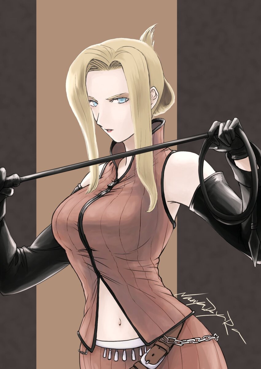 1girl belt blonde_hair blue_eyes breasts detached_sleeves final_fantasy final_fantasy_viii gloves highres holding holding_whip long_hair looking_at_viewer nanya_do_yara navel quistis_trepe skirt solo
