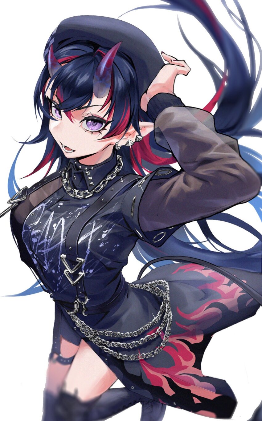 1girl arm_up asymmetrical_clothes asymmetrical_horns black_boots black_choker black_hat black_horns black_shorts boots breasts chain chain_necklace choker collared_shirt commentary_request crossed_bangs demon_girl demon_horns demon_tail earrings flame_print foot_out_of_frame gin_(tttetu123) gradient_horns hair_between_eyes hat highres horns jewelry layered_sleeves long_hair long_sleeves looking_at_viewer lower_teeth_only medium_breasts multicolored_hair multicolored_horns multiple_earrings nanashi_inc. necklace official_alternate_costume open_mouth pointy_ears purple_eyes red_hair red_horns ryugasaki_rene ryugasaki_rene_(4th_costume) shirt short_over_long_sleeves short_sleeves shorts simple_background solo streaked_hair studded_choker suspender_shorts suspenders tail teeth two-tone_hair uneven_horns v-shaped_eyebrows very_long_hair virtual_youtuber white_background