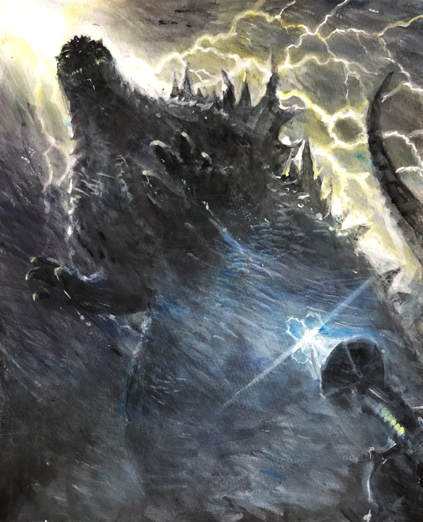 absurdres dinosaur directed-energy_weapon electricity energy energy_cannon energy_weapon g.n.a giant giant_monster glowing godzilla godzilla_(series) godzilla_against_mechagodzilla highres kaiju lightning maser maser_cannon military monster night no_humans rain sea_monster spikes storm tail toho type_90_maser_cannon