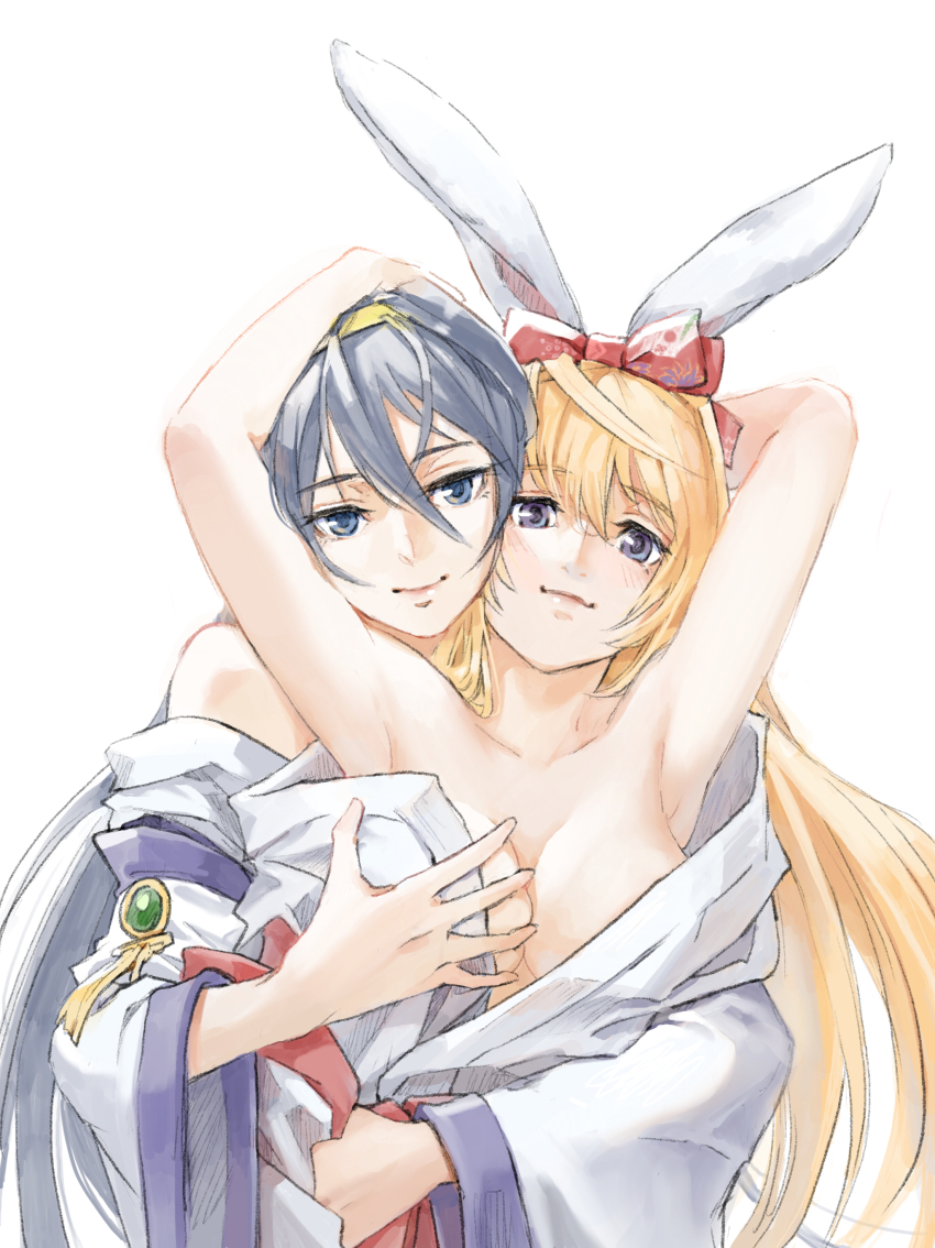 2girls absurdres animal_ears armpits arms_up bare_shoulders blonde_hair blue_eyes blush bow closed_mouth couple grabbing_another&#039;s_breast groping hair_between_eyes hair_bow hairband hand_on_another&#039;s_head highres himemiya_chikane hug hug_from_behind kannazuki_no_miko kurusugawa_himeko long_hair looking_at_viewer multiple_girls nichiju_(you) purple_eyes rabbit_ears red_bow smile undressing upper_body white_background wide_sleeves yuri