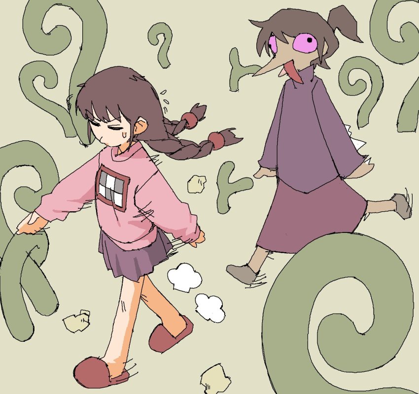 2girls 6_9 braid brown_footwear brown_hair closed_eyes fleeing highres long_hair long_sleeves madotsuki multiple_girls no_socks pantsu-ripper pink_shirt pink_sweater purple_skirt red_footwear shirt shoes skirt sweater toriningen turtleneck turtleneck_sweater twin_braids yume_nikki
