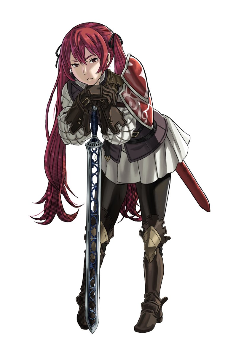 1girl :&lt; armor armored_boots black_gloves black_pantyhose black_ribbon boots closed_mouth commentary_request fire_emblem fire_emblem_fates full_body gloves hair_between_eyes hair_ribbon highres holding holding_sword holding_weapon long_hair long_sleeves looking_at_viewer nintendo pantyhose pauldrons peacefulandflat red_eyes red_hair ribbon selena_(fire_emblem_fates) shoulder_armor simple_background single_pauldron solo sword twintails very_long_hair weapon white_background