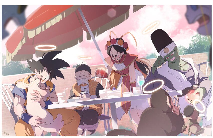 absurdres after_world annin_(dragon_ball) apple bubbles_(dragon_ball) dragon_ball food fruit grandpa_gohan grapes gregory_(dragon_ball) halo happy highres other_world peach pikkon roku_(roku_0141) smile son_goku tagme water