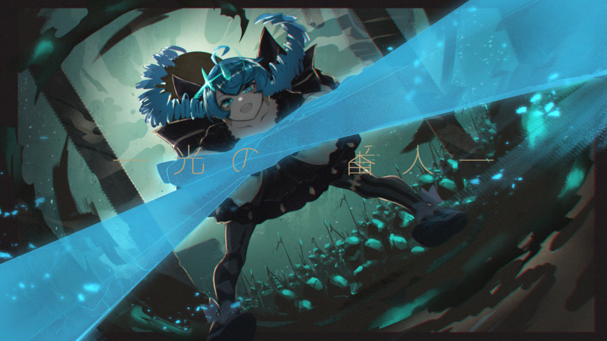1girl :d ahoge black_bow black_dress blue_hair bow breasts collarbone crown dress drill_hair dutch_angle floating_hair green_eyes grey_dress gwen_(league_of_legends) hair_bow highres holding holding_scissors league_of_legends long_hair looking_at_viewer night open_mouth outdoors oversized_object puffy_short_sleeves puffy_sleeves scissors shoes short_sleeves smile solo sutorobo72 teeth translation_request twin_drills upper_teeth_only