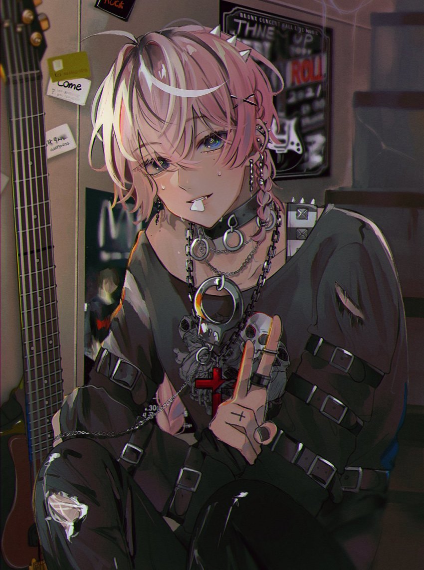 1boy a20190422 ahoge biting chain choker cross crossed_bangs cuffs ear_piercing electric_guitar from_side guitar hair_ornament hairclip highres instrument jewelry male_focus multicolored_hair off_shoulder original piercing pink_headwear ring short_sleeves skullcap solo streaked_hair sweatdrop upper_body v