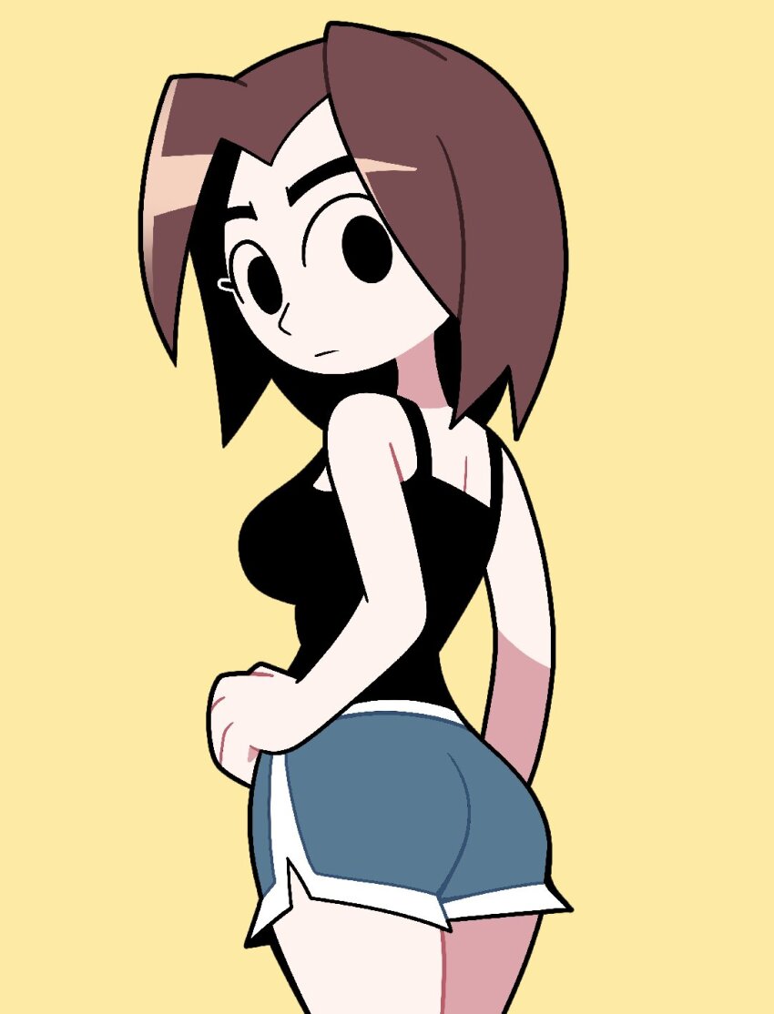 1girl alternate_costume ass bare_shoulders black_eyes black_shirt blue_shorts breasts brown_hair commentary cropped_legs dolphin_shorts english_commentary hand_on_own_hip highres medium_breasts mii_(nintendo) mii_gunner nintendo parted_bangs scott_falco shirt short_hair short_shorts shorts simple_background sleeveless solo super_smash_bros. tank_top thighs yellow_background
