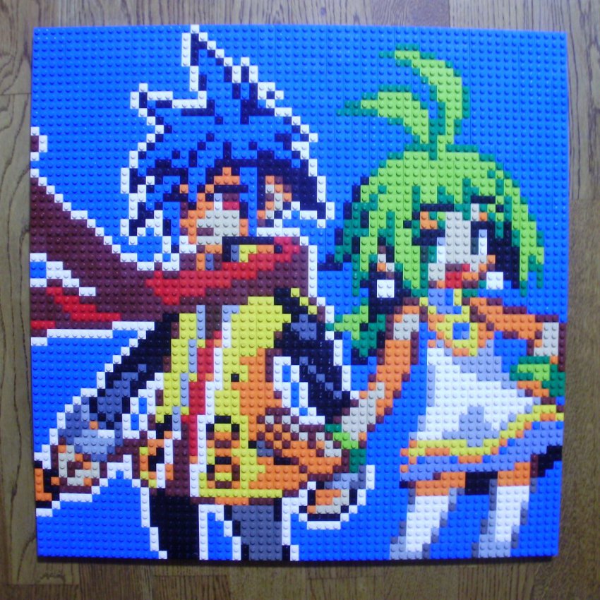 1boy 1girl ash_(phantom_brave) blue_hair dress green_hair highres lego lego_(medium) marona_(phantom_brave) phantom_brave photo_(medium) pixel_art ponytail red_eyes scarf short_hair skirt table thighhighs unconventional_media white_dress white_skirt white_thighhighs you_rei_(blowback)